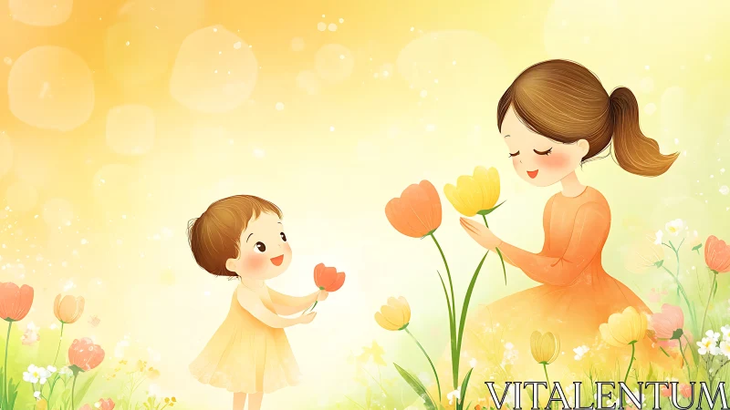 Woman and Child with Flowers in Garden Scene