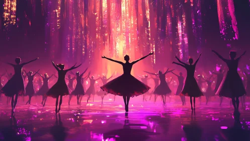 Silhouetted ballerinas perform under cascading neon light veils
