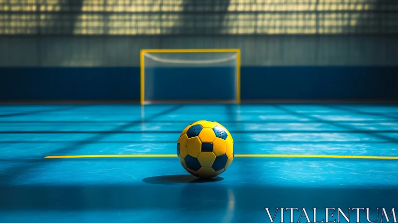 Indoor futsal ball on polished blue court under directional skylight