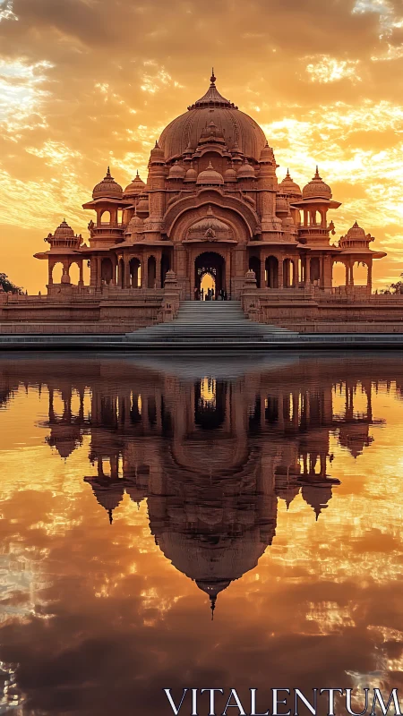 Sunlit temple silhouette glows above a tranquil mirrored lake
