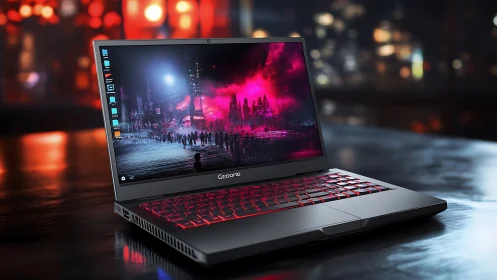 Neon city laptop ignites a cyber skyline on glassy night desk.