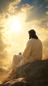 Radiant robed figure seated on sunlit rocky hillside at dawn.