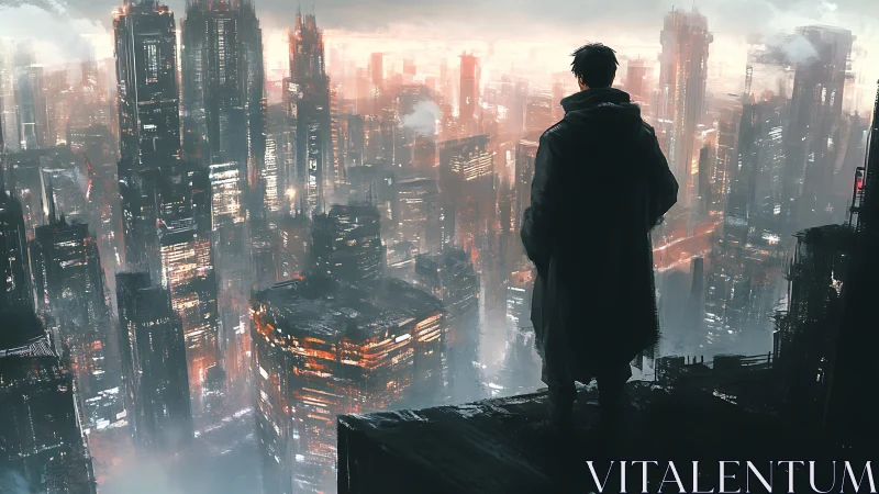 Solitary observer on rain-glossed hyperdense cyberpunk skyline.