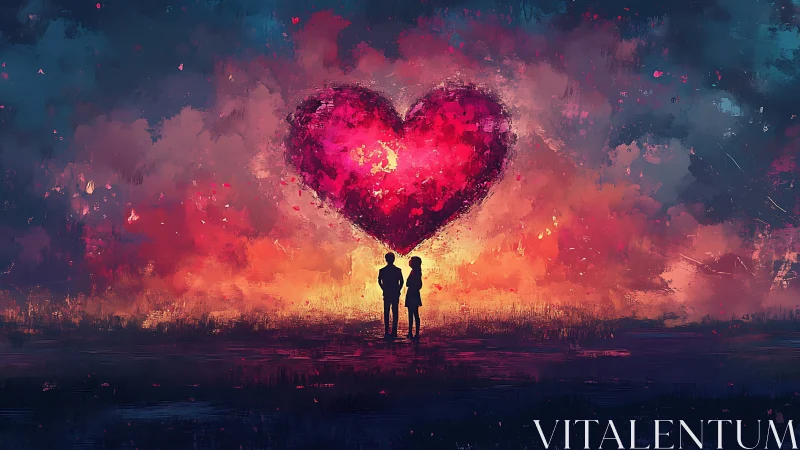 Two silhouettes face glowing red heart shape in dramatic sky