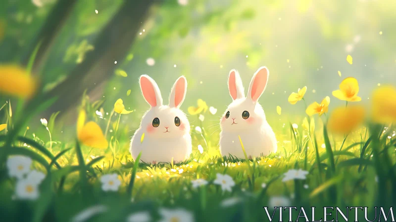 Two fluffy bunnies sharing sunny springtime magic together.