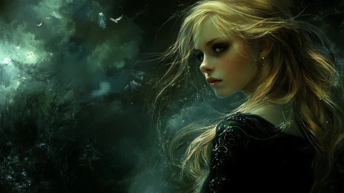 Ethereal blonde heroine in stormlit green fantasy forest