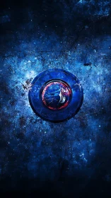 Cosmic blue emblem glows gently in a storm of scattered stars