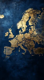 Gold textured map of Europe on dark blue background.