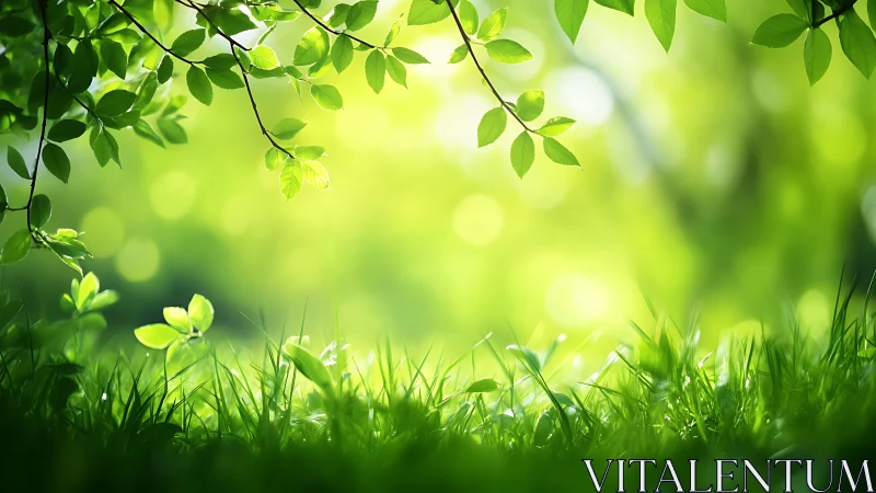 Sunlit Green Grass and Leaves in Soft Focus Nature Scene.