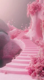 Monochrome pink staircase ascending through floral canyon.