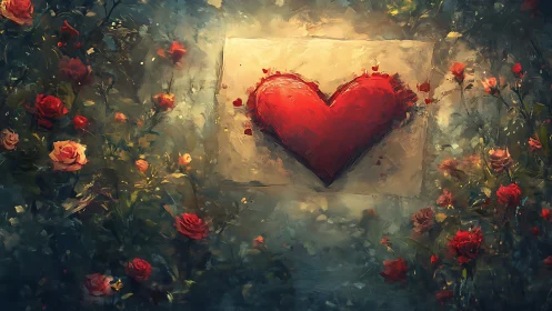 A Vibrant Heart Blooms Amid Rose Garden Dreamscape