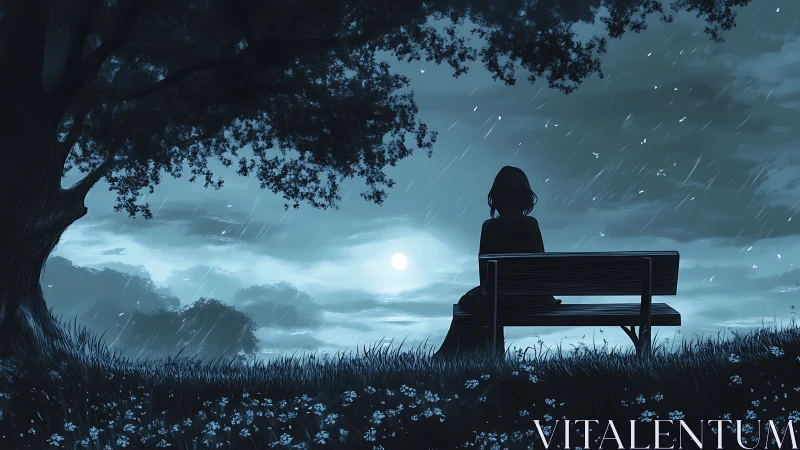 Nocturnal rain scene with silhouetted figure on park bench