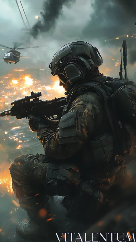 Courageous soldier watching the burning city horizon at dusk.