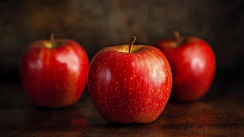 Red apples on dark surface in simple studio arrangement.