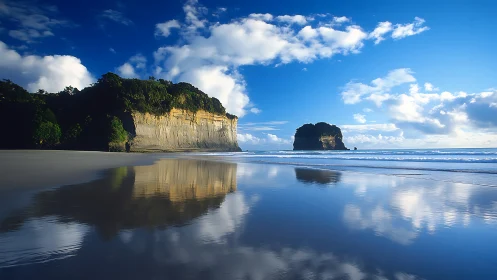 Coastal Cliffs Reflected on Mirrored Beach Waters.