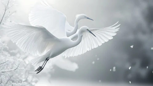 Pair of White Herons in Flight Against Frosted Winter Landscape.