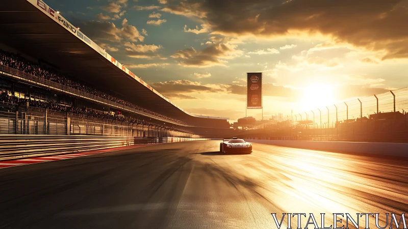 Sunlit race car gliding along a glowing evening track.