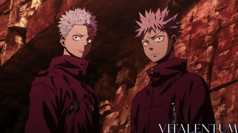 Two anime characters in dark jackets before rock wall.