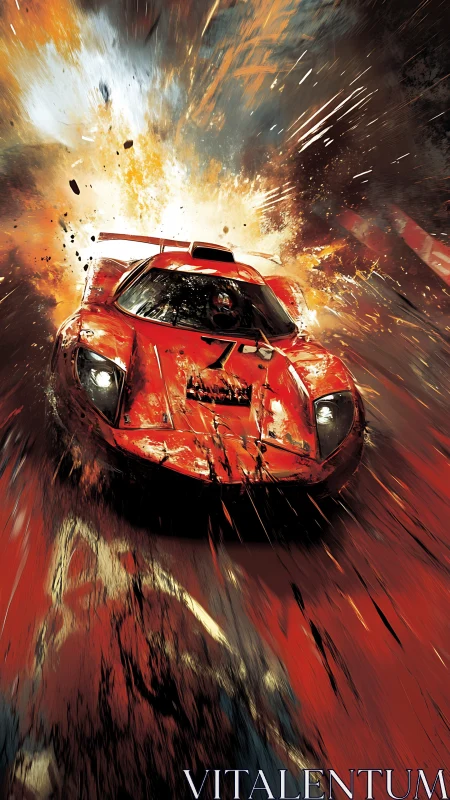 Red race car explodes forward through debris with dynamic motion blur