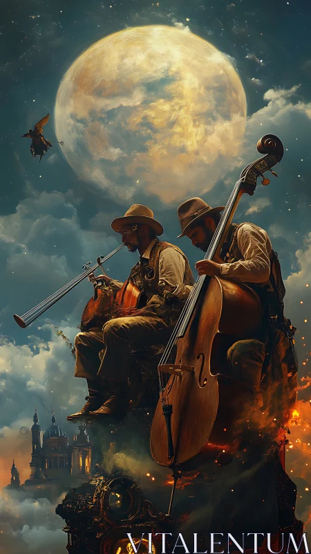 Lunar-illuminated cowboys perform double bass duet on molten sky outcrop
