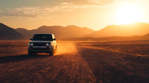 SUV crosses sunlit desert track under glowing sunset sky