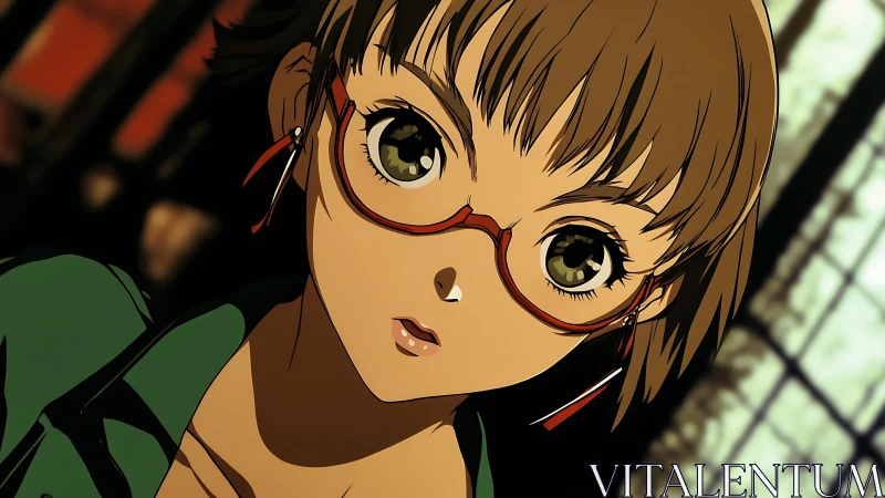 Intense anime girl in red glasses under warm studio glow.