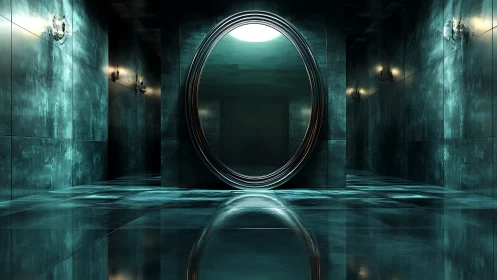 Symmetrical cyan corridor frames a luminous circular portal