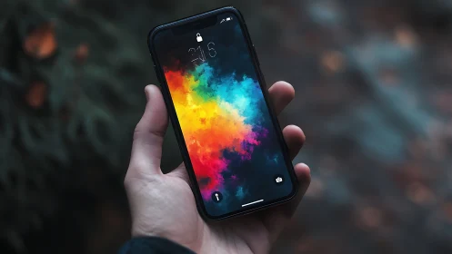 Hand-held smartphone displaying gradient color abstract wallpaper.