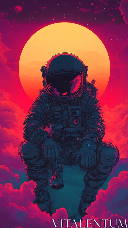 Solitary armed astronaut against neon sun and clouds.