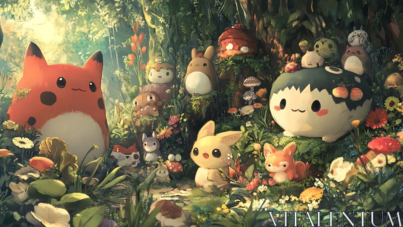 Whimsical forest creatures gathered in glowing flower garden.