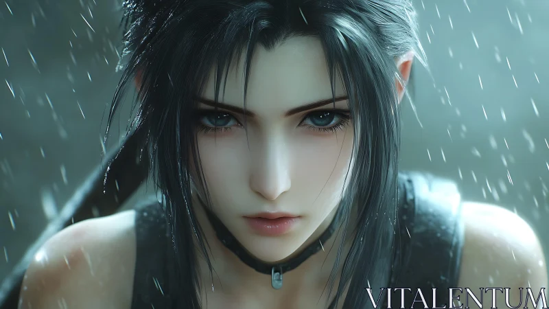 Focused anime warrior girl in rain with intense gaze.