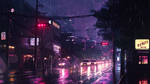 Neon rain over quiet city street with glowing traffic lights.