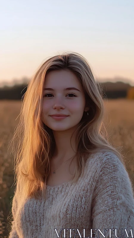 Golden hour meadow muse in soft sweatered serenity.