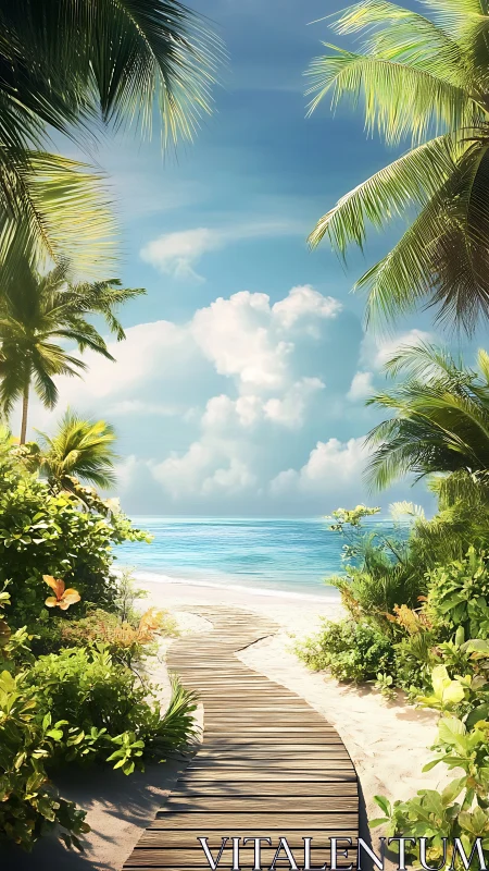 Tropical Beach Boardwalk: Palm-Framed Coastal Path to Blue Ocean