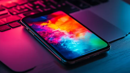 Photorealistic smartphone close-up on laptop with neon bokeh lighting.