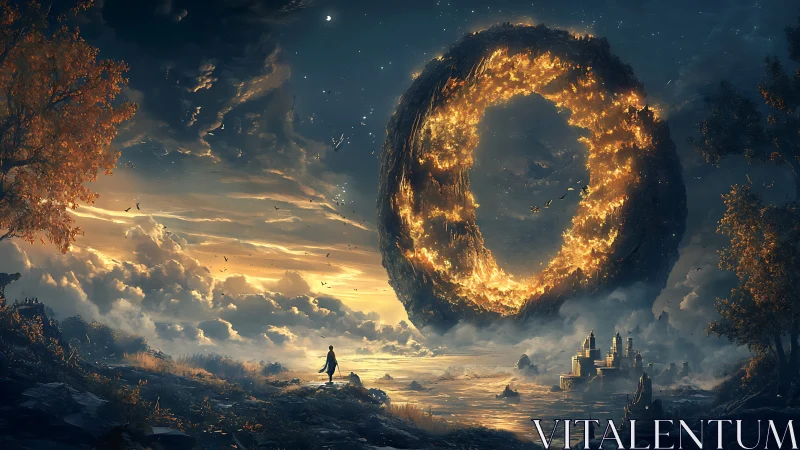 Volcanic celestial ring hovering above coastal citadel at dusk.