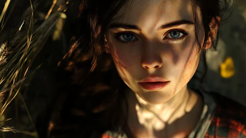 Sun-dappled digital portrait under grazing field shadows.