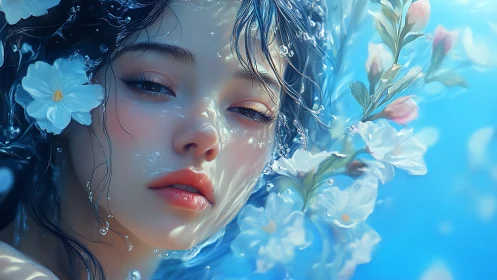 Submerged ethereal portrait with floral bokeh and aqua light