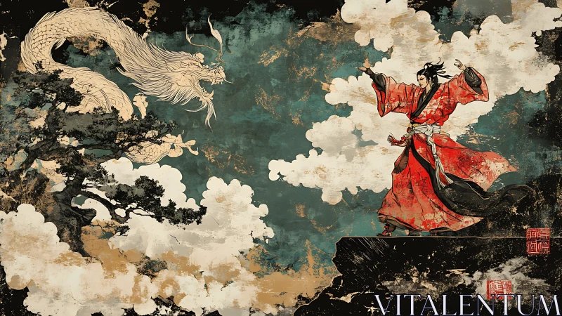 Mystic warrior greets a soaring dragon in swirling clouds.