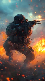 Storm-forged soldier strides through firelit battlefield fury.