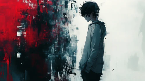 Solitary hooded figure divides chaotic red and pale void field