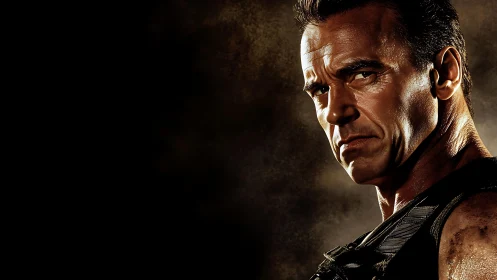 Serious muscular man in tactical gear on dark background.