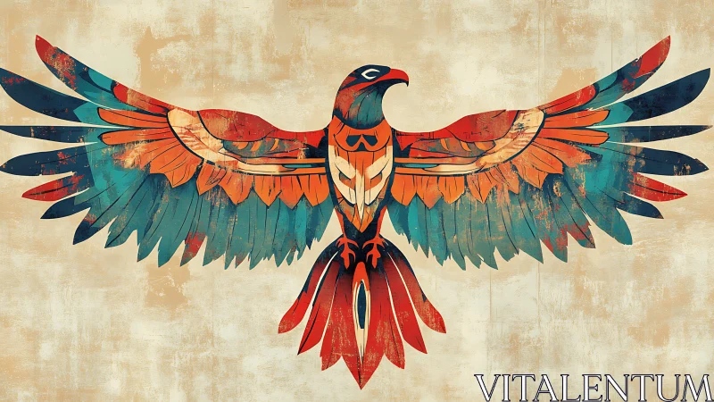 Vibrant Abstract Phoenix in Tribal Art Style on Textured Canvas.