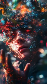 Hybrid humanoid face merged with foliage and colored light.