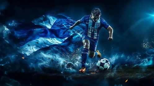 Electric blue football charge wrapped in swirling flag light.