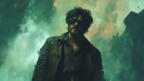 Weathered wanderer in teal stormlight stands in silence.