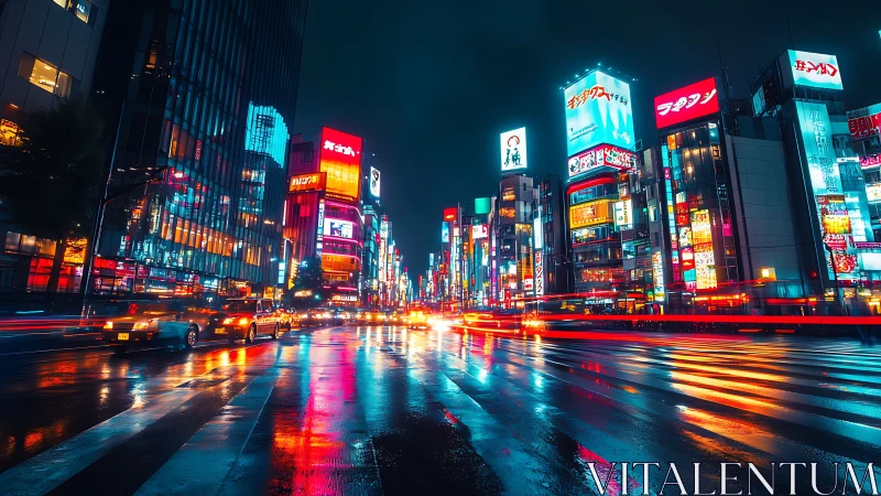 Nocturnal neon corridor with wet-surface light reflections.