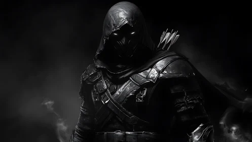 Stealth archer in asymmetrical leather armor under low key lighting