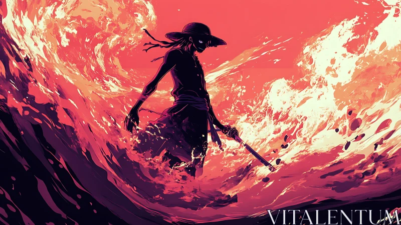 Lone straw‑hatted wanderer wading through crimson waves.