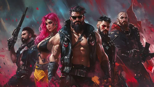 Paramilitary synth-punk squad in high-energy stance composition.